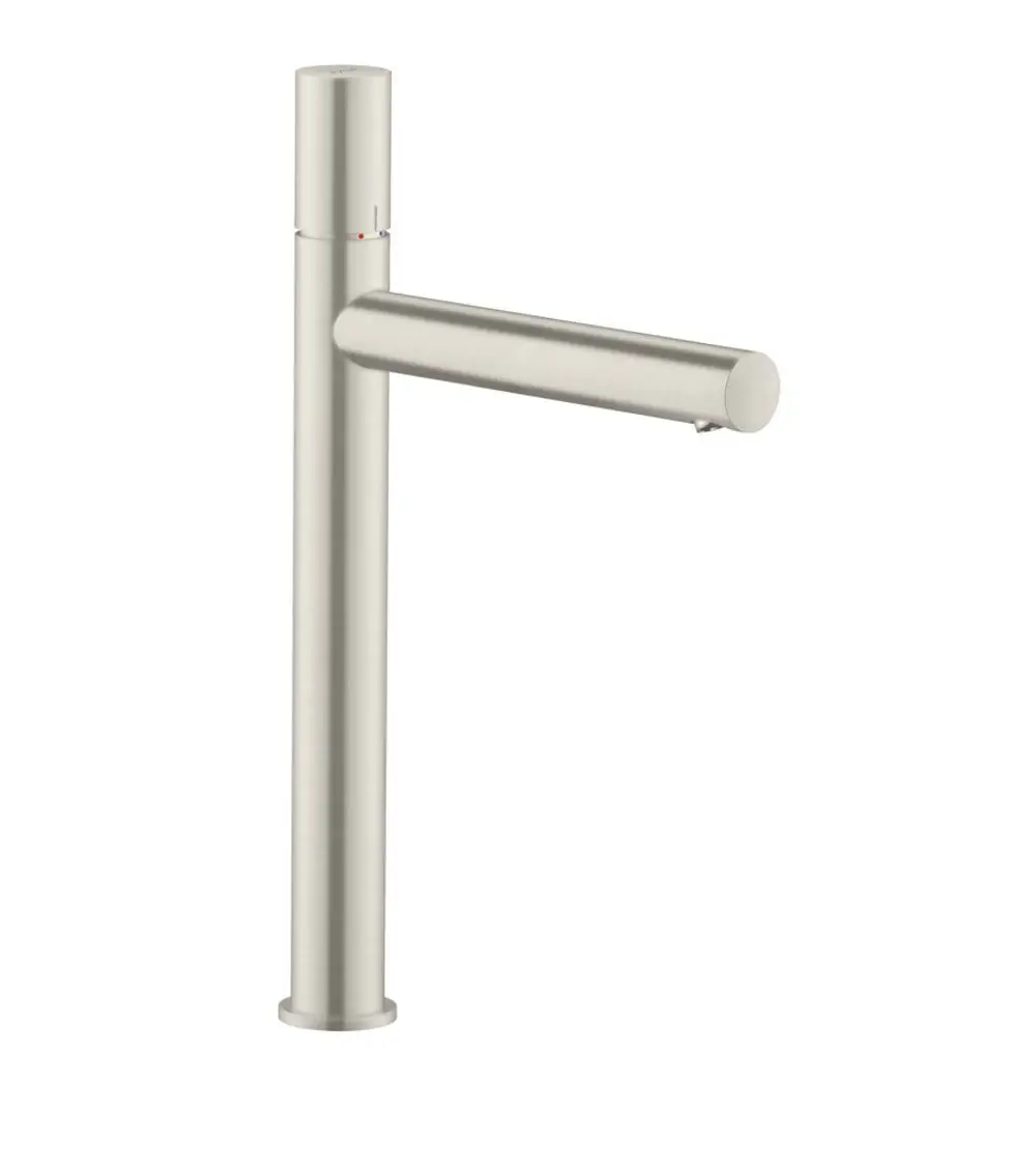 Einzelner Edelstahl-Waschtischmischer von AXOR mit geradem Auslauf und einer einhebelbedienten Steuerung. Minimalistisches Design für moderne Aufsatzwaschtische.